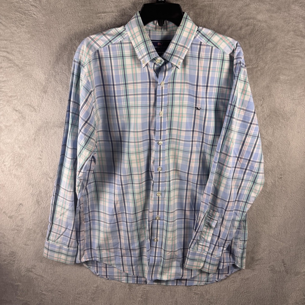 Vineyard Vines Shirt Mens 2XL Blue Plaid Slim Fit Button Down Long Sleeve Cotton